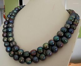 Chains Beautiful 2row 11-12 Mm Tahitian Black Green Pearl Necklace 17-18 "