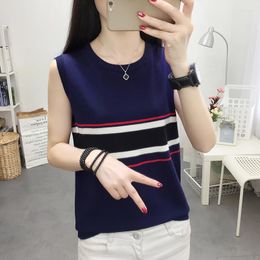 Women's T Shirts 2023 Ice Silk Knit Camisole Female Summer Short Bottoming Shirt Loose Sexy Fashion Casual Sleeveless Striped