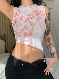 Women's Tanks Vintage Pattern Print Women Crop Tops Velvet Fabric White Colour Basic Cute Sweats Summer Chic Mini Tees