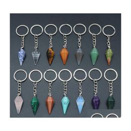 Key Rings Conical Healing Reiki Chakra Natural Stone Pendant Keychain Crystal Chakras Quartz Chains Jewelry Accessories Drop Delivery Dhm27