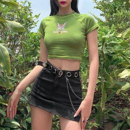 Women's T Shirts Sweet Cute Angel Graphic Crop Tops Women 2023 Summer Green Two Styles Sleeve Colour Hit Stitching Slim Midriff T-Shirts