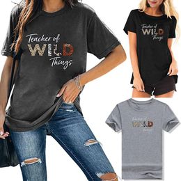 Women's T Shirts Teacher Women Of The Wild Things Shirt Leopard Jungle Graphic Tee Funny Teaching Gift