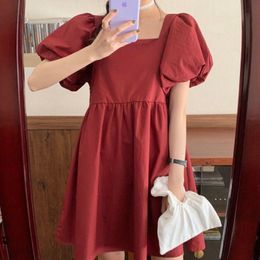 Party Dresses Summer Wear For Women Style Square Collar Puff Sleeve Retro Dress Loose Vestido De Mujer Femme Robe