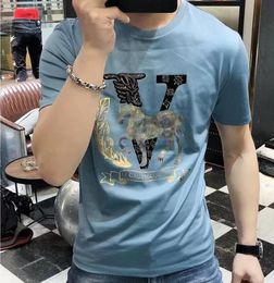 2023 Summer men's T-shirt new trend ice silk cotton short sleeve Wild Shuai hot drill embroidery half sleeve T-shirt