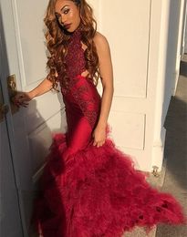 Sexy Burgundy African Mermaid Prom Dresses Halter Neck Backless Lace Applique Tiered Long Formal Evening Gowns Black Girls Celebrity Party Dress