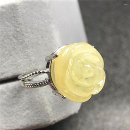 Cluster Rings Top Natural Flower Carved Amber Ring For Woman Lady Man Wealth Gift Silver 15mm Beads Gemstone Adjustable Jewellery