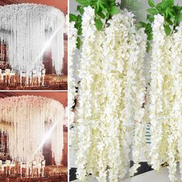 Decorative Flowers Beautiful White Artificial Silk Wisteria Hanging Rattan Bride Wedding Garland Vine Ivy Ceiling Decoration