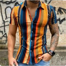 Men's Casual Shirts Mens Short Sleeve Collarless Striped Printed Henley Tee Blouse Button Shirt Loose Streetwear Chemise Man's