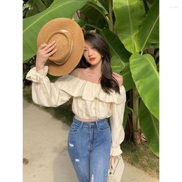 Women's Blouses Spring Slash Neck Off Shoulder Women Blouse Shirt Ruffles Patchwork White Colour Y2K Streetwear Lady Tops