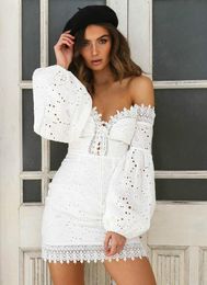 Casual Dresses Summer Cotton Embroidery Dress Women Lace Stitch Off Shoulder Long Sleeve Sexy Short Mini Ladies White Hollow Out Vestidos