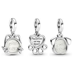 pandora s925 sterling silver pet cat dogs heart claws printed charm hanging Jewellery suitable for bracelet diy fashion Jewellery