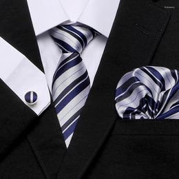 Bow Ties Sliver Striped Tie 7.5cm Silk Jacquard Woven Men Wine Blue Necktie Hanky Cufflinks Set Wedding Classic Pocket Square