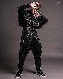 Stage Wear Black Sequins Silvery Male Suits Tide Cloak Haren Pants 3 Piece Sets (cloak T-shirt) Hip Hop JAZZ Show Costumes