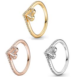 925 Silver Women Fit Pandora Ring Original Heart Crown Fashion Rings Rose Golden Shine Sparkling Wishbone