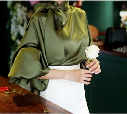 Women s Blouses Shirts Vintage Tops Bow Collar OL Lantern Sleeve Blouse Elegant Pearly Cufflink SL105 230303