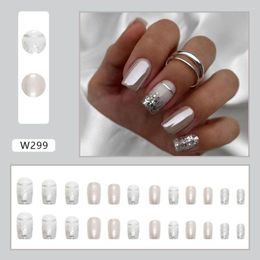 False Nails 24pcs Detachable DIY Press On Glitter French Long Square Silver