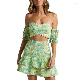 Work Dresses Summer Skirts Set Outfits Women Solid Floral Print Short Sleeve Strapless Crop Tops Ruffles Mini Casual Beach I05t