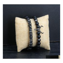 Beaded Strands Bead Bracelets For Men Charm Black Bl Matte Onyx Stone Bangle Fashion 8Mm Ox Head Bangles Jewellery Drop Delivery Dhwit