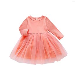 Girl Dresses Infant Mesh Patchwork Tutu Dress Kids Baby Casual Style Long Sleeve O-Neck Ribbed One-piece Suit Solid Colour Princess
