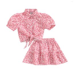 Clothing Sets Kids Baby Girl Casual Clothes Leopard Print Short Sleeve T-shirt Bandage Crop Tops With Elastic Skirt Set 3-8T