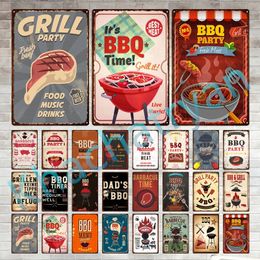 Metal Painting Plaque BBQ Party Time Meat Stove Plate Retro Painting Iron Tin Sign Wall Art Picture For Garden Home Living Room Decor 30X20cm W03