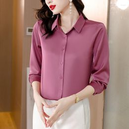 Women's Blouses 2023 Elegant Fashion Long Sleeve Solid Color Lapel Silk Shirt Woman White Pink Red Commuter Casual Blouse