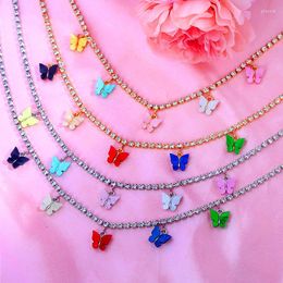 Chains JJFOUCS Sweet Candy Colours Acrylic 5 Butterfly Pendant Necklace For Women Shine Crystal Tennis Chain Choker Jewellery