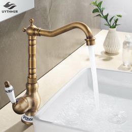 Kitchen Faucets Bath Sink Antique Brass Single Handle Basin Deck Mounted &Cold Water Mixer Taps