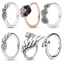 925 Silver Women Fit Pandora Ring Original Heart Crown Fashion Rings Purple Pansy Flower Angel Wings Feathers Forever