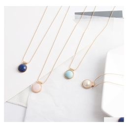 Pendant Necklaces Fashion Round Blue Pink Quartz Turquoise Necklace Natural Stone Brand Gold Plated For Women Jewellery Gift Drop Deli Dhuab