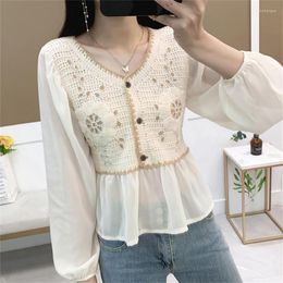 Women's Blouses Boho Clothing Floral Embroidery Vintage Blouse Chiffon Shirt Women Long Sleeve Crop Top Busas Mujer De Moda 2023