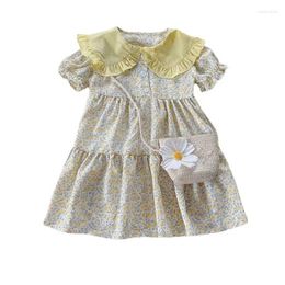 Girl Dresses Sweet Cute Short Sleeve Lapel Girls Floral Dress With Bag Summer 2023 Pattern Korean Idyllic Baby Clothing Meisje