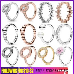 925 Silver Women Fit pandora Ring Original Heart Crown Fashion Rings Rose Gold Ring Sparkling Daisy Flower Crown Pearl Bead Halo