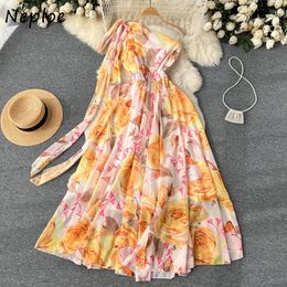 Open Back Suspender Chiffon Printed Dress Female Bohemian Seaside Holiday Style Robes Pleated Fairy First Love Vestidos 2023