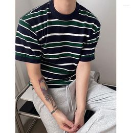 Men's T Shirts High Quality Straight Korea 2023 Knitted Stripe Short Sleeve Ins Style Casual Loose Design Tee Shirt Top For Men
