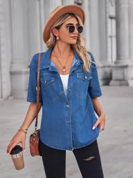 Women's Blouses Thin Denim Shirts Female 2023 Fashion Solid Colour Washable Tops Single Breasted Short Sleeved Cardigan Women High Street