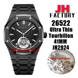 JHFactory Watches 26522 Ultra Thin Tourbillon JH2924 Hand-winding Mechanical Mens Watch Black Dial DLC Black Bracelet Gents Wristwatches