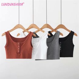 Women's Tanks LUNDUNSHIJIA 2023 Summer Streetwear Sexy Single-Breasted Women's Crop Tops Elastic Cotton Sleeveless O-neck Tank Bar