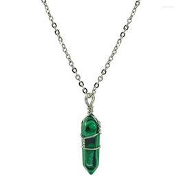 Pendant Necklaces Silver Plated Wire Wrap Hexagon Prism Malachite Stone Link Chain Necklace Black Agates Jewellery