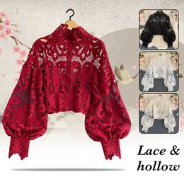 Women s Blouses Shirt Sweet Lace Hollow Spring Autumn Office Lady Elegant Puff Sleeve Stand Collar Tops Chic Floral 230303