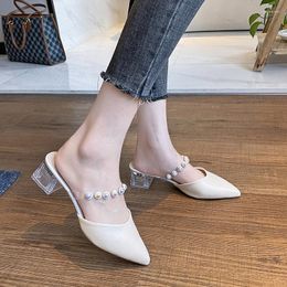 Slippers Lucyever String Bead Summer Women 2023 Transparent Heels Shoes Woman Solid Cover Toe Square Heeled Zapatos Para Mujer