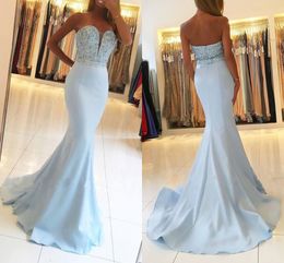 Sky Blue Mermaid Prom Dresses Sexy Sweetheart Beaded Sequins Top Satin Long Evening Gowns With Belt BC15265