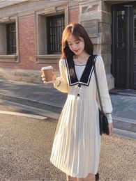 Casual Dresses Women Bow Patchwork Loose A-Line Knitted Dress Fashion Knee-Length Cute Empire Preppy Style Ins Sailor Collar Japanese