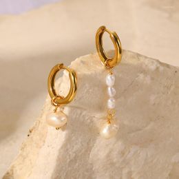 Hoop Earrings Minar Delicate Asymmetry Freshwater Pearl For Women 18K Gold Plated Stainless Steel Hanging Earring Office Jewellery
