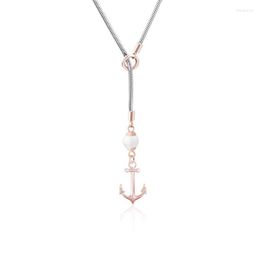 Chains Runda Women's Necklace Nautical Anchor Rose Gold Stainless Steel With White Pearl Long Fashion Necklaces For Women Summer