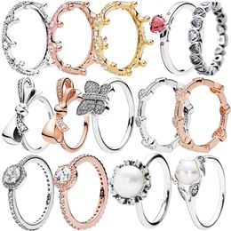 925 silberne Frauen passen Pandora Ring Original Herzkronen Mode Ringe funkelnder Schmetterling Perlen Bogen Sparkle Halo Clear Zirkon