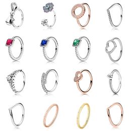 925 Silver Women Fit Pandora Ring Original Heart Crown Fashion Rings Red Blue Green Big Cz Crystal Finger