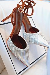Sandals Sheepskin High Heel Women Shoes Europe USA Fashion Pointed Toe Square Female Lady Sandal Elegant Fringed Diamond Girl
