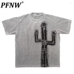 Men's T Shirts PFNW Spring Summer Men's Tide Handmade T-shirt Trendy Skeleton Desert Cactus Short-sleeve Vintage Cool Tops Leisure Tees