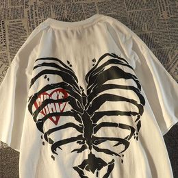 Men's T-Shirts American street love skeleton cotton short sleeve T-shirt men summer ins loose European and American style hip hop top harajuku G230303